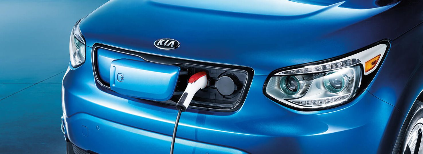 Front view of the 2019 Kia Soul EV plugged in to charge